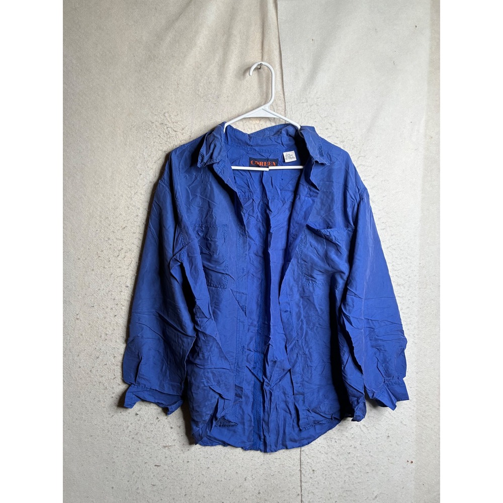Vintage Coreen Silk Button Down Shirt Mens Large Royal Blue Long Sleeve Flawed